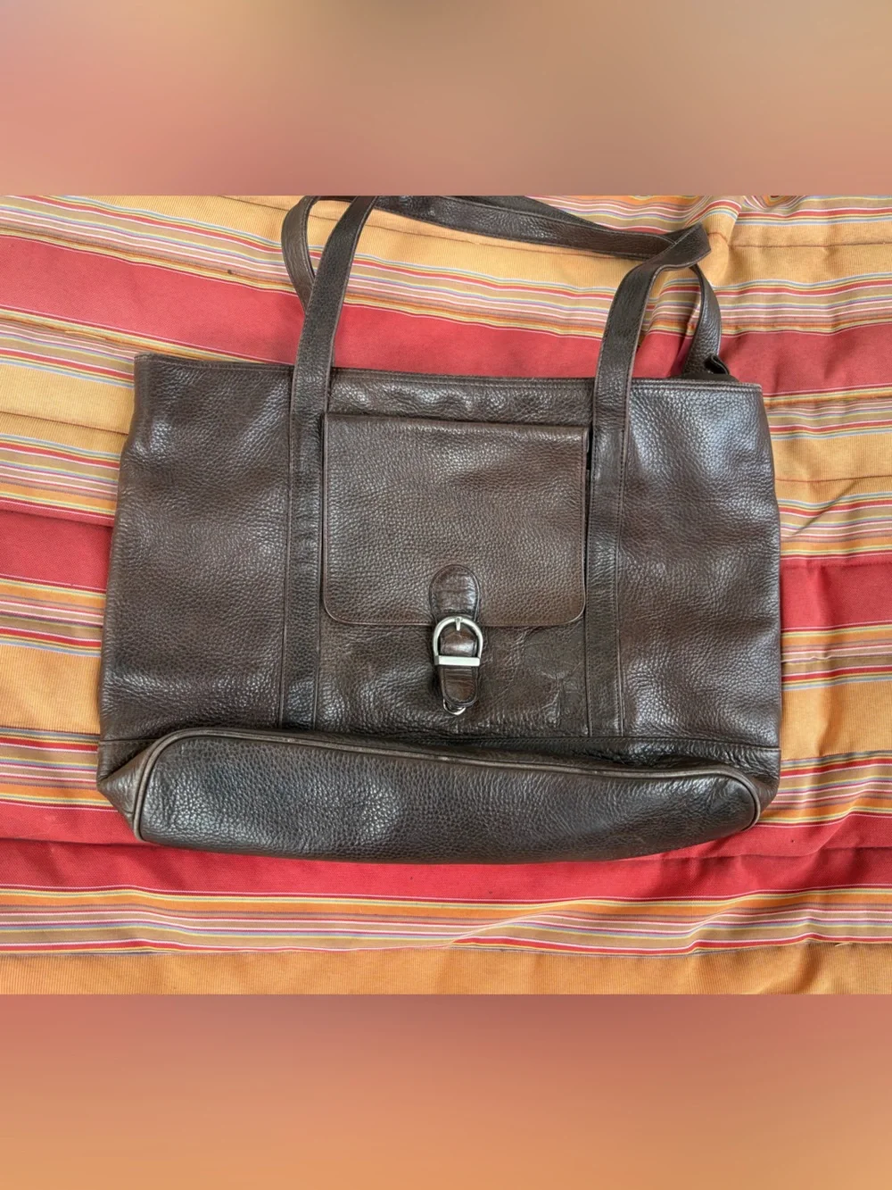 Eddie Bauer Dark Brown Pebbled Leather Messenger Tote